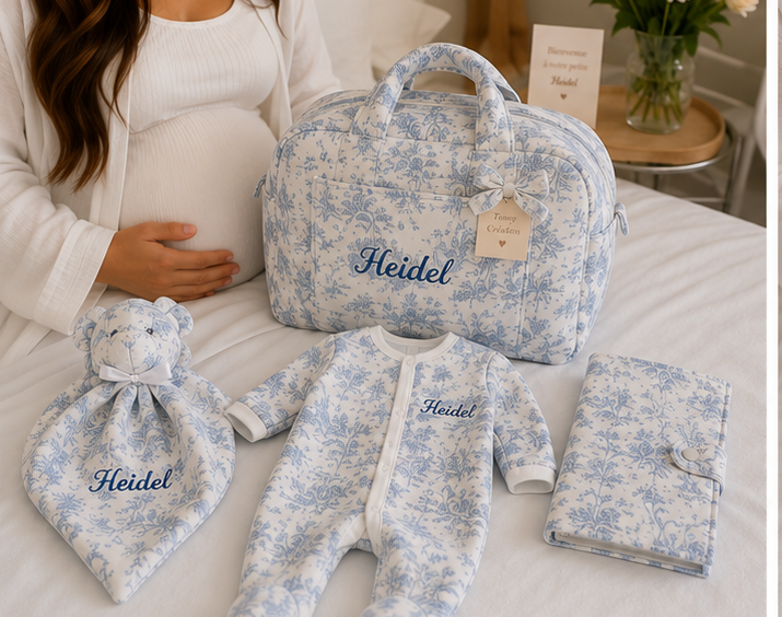 Coffret maternité. Les essentiels pour la salle de naissance avec tenue et accessoires pour bébé