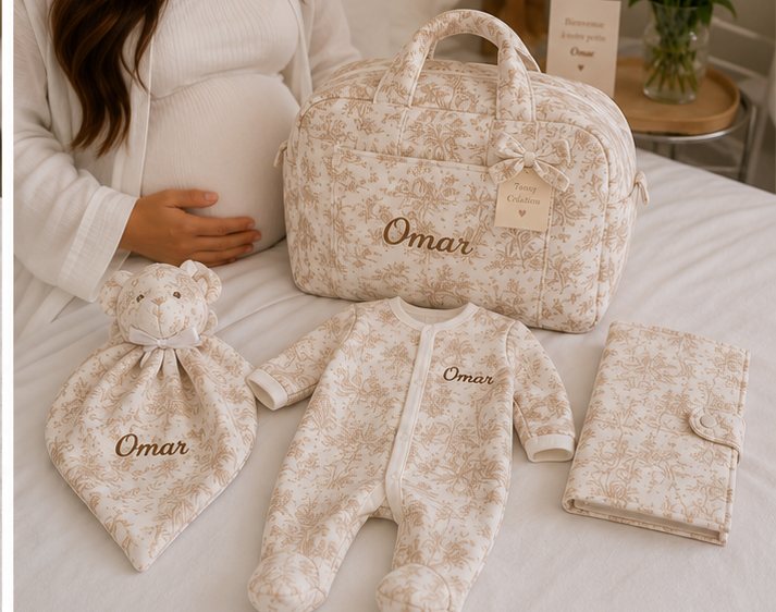 Coffret maternité. Les essentiels pour la salle de naissance avec tenue et accessoires pour bébé